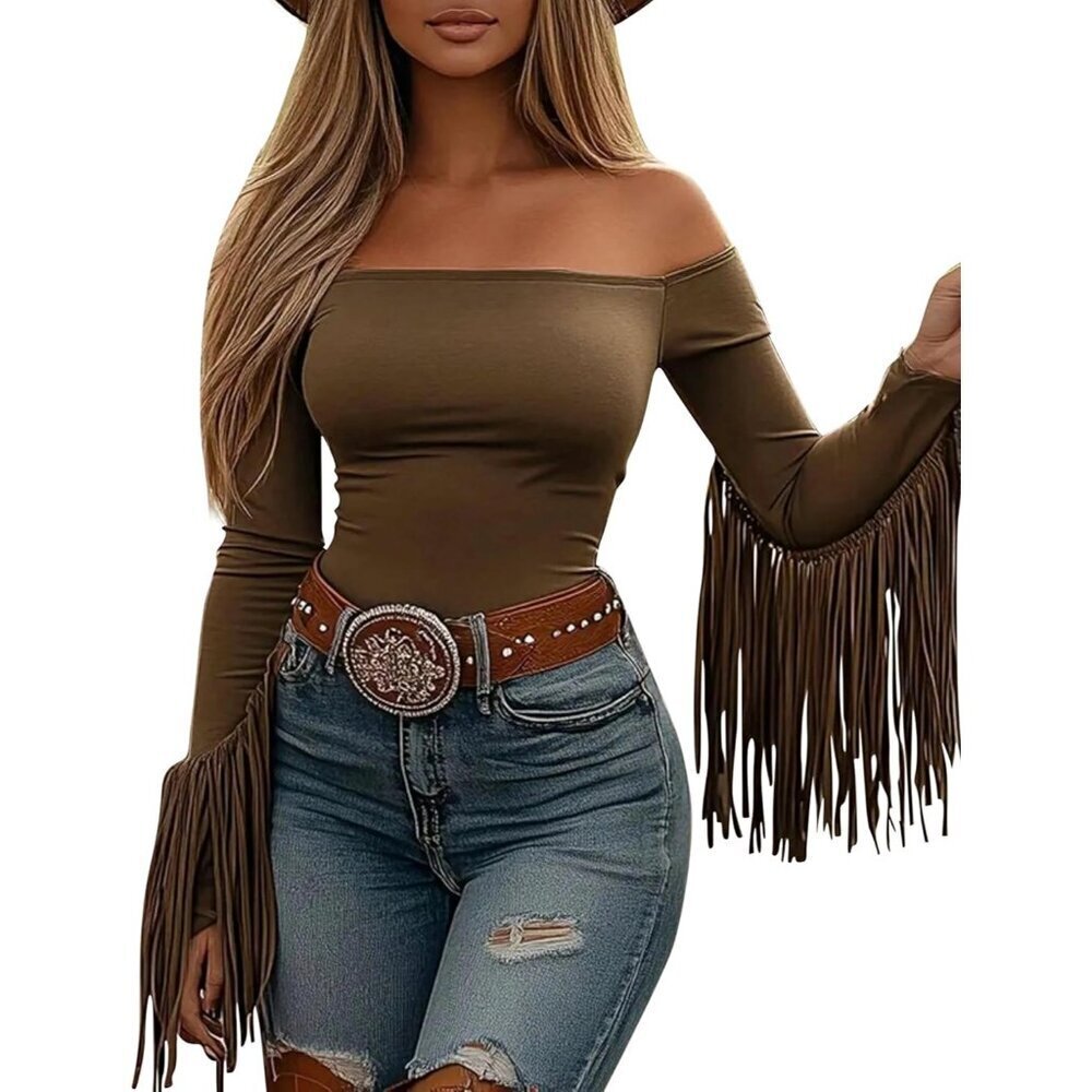 Women Fringe Top Western Cowgirl Off Shoulder Long Sleeve Crop Blouse